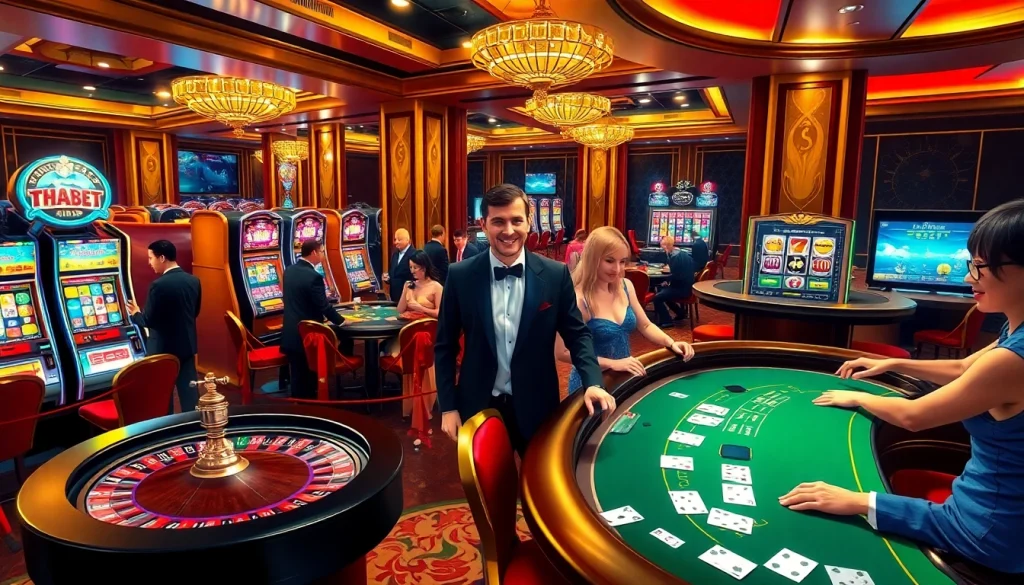 Experience the thrill of betting at Thabet Casino's luxurious gaming tables filled with eager players and vibrant slot machines.